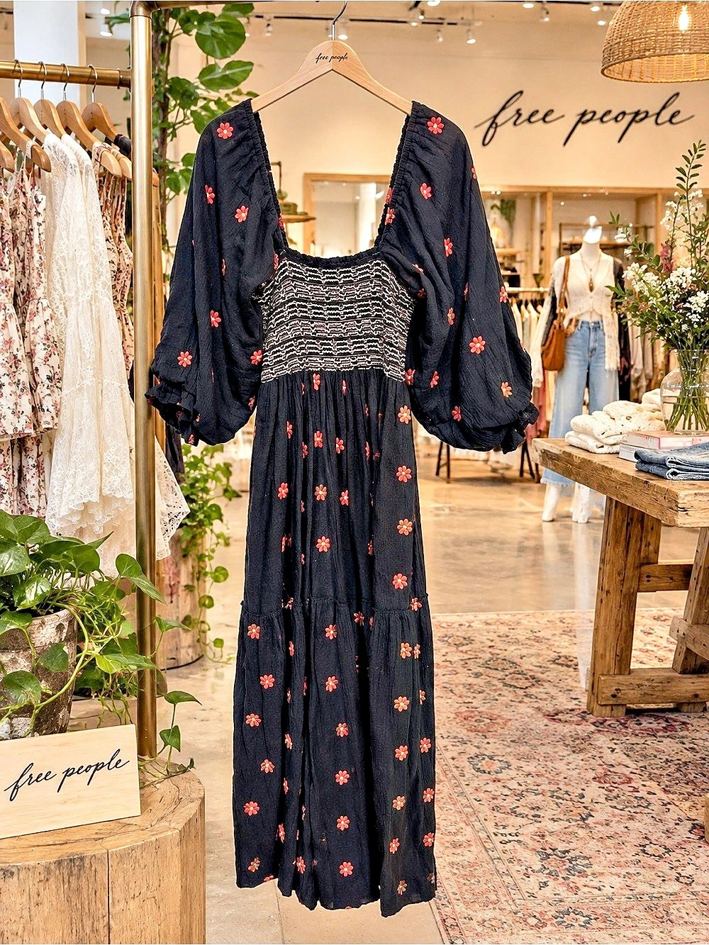 Free People Dahlia Embroidered Maxi Dress Floral Maxi Dress in Black & Red Size